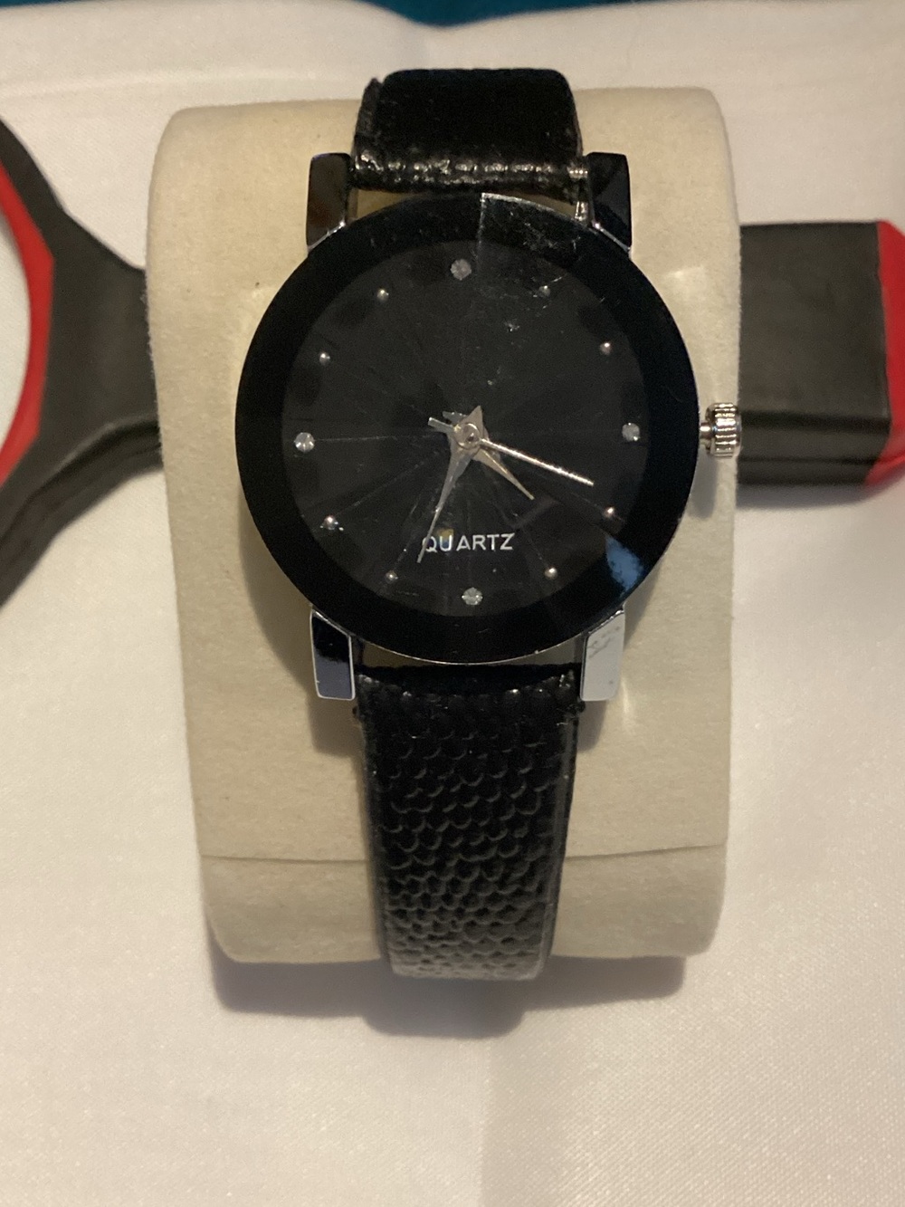 Women's Black Leather Strap Quartz Watch with Crystal Accents